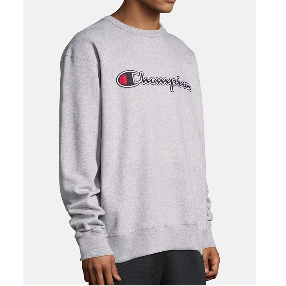 Champion Powerblend Script Logo Crewneck Sweatshirt Gray Pullover Fleece Size XL - Picture 1 of 11